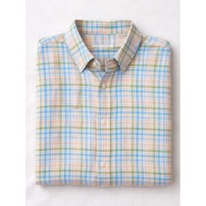 Peter Millar Mens 100% Linen Button Up Shirt Large Plaid Pastel Preppy Coastal